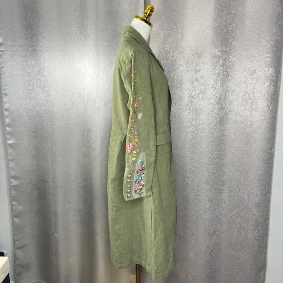 Aratta Silent Journey Olive Green Embroidered Ramie Duster Coat XL ED22J642 - Picture 3 of 13
